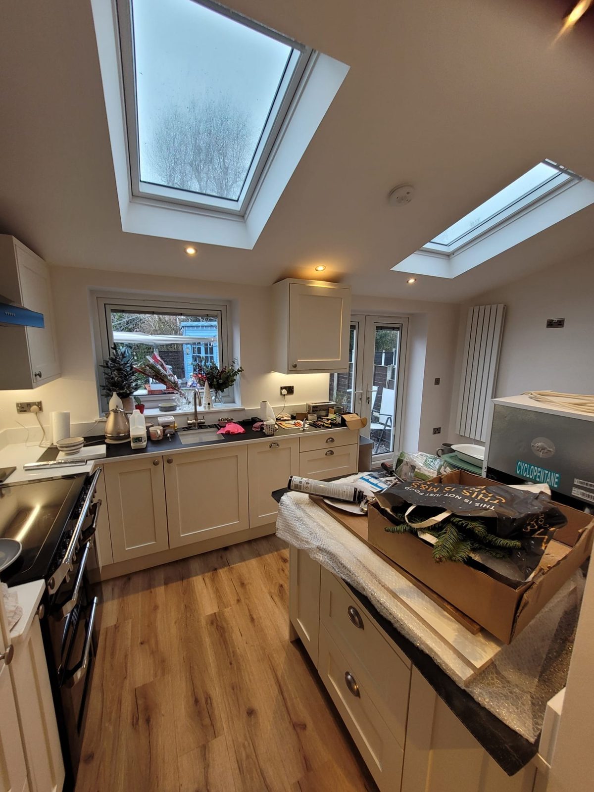 Finished kitchen extension with skylights